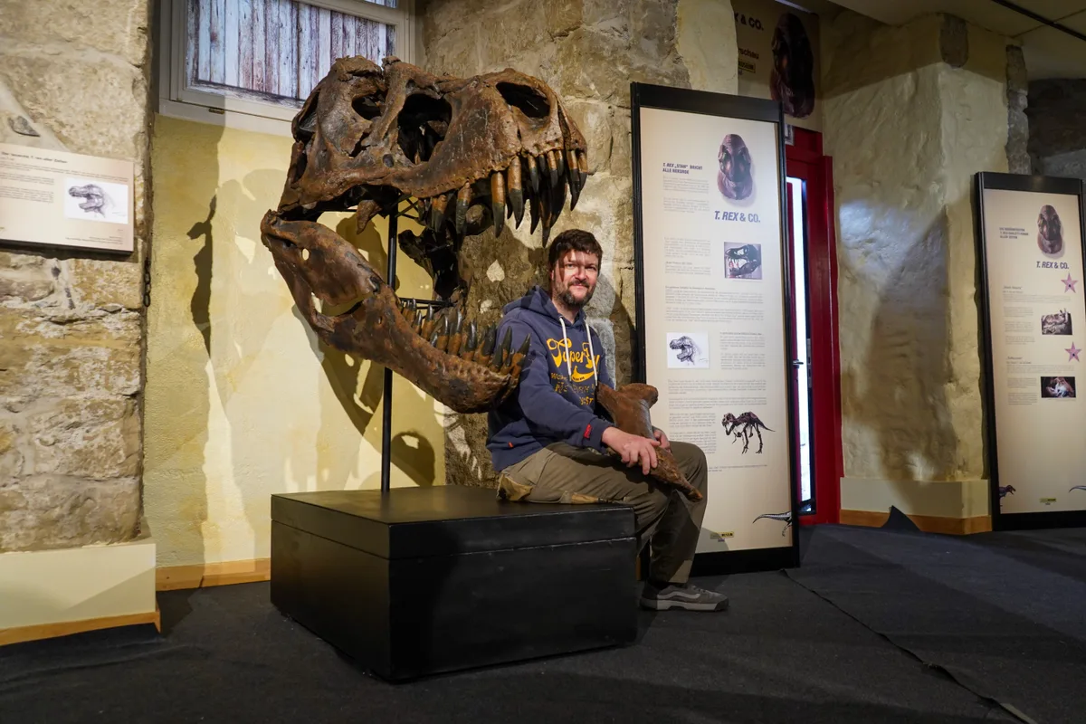 Ein Mann sitzt vor einem T-Rex-Schädel. 